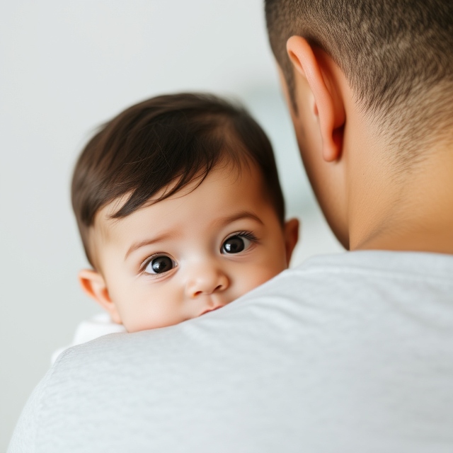 Baby looking over father's shoulder