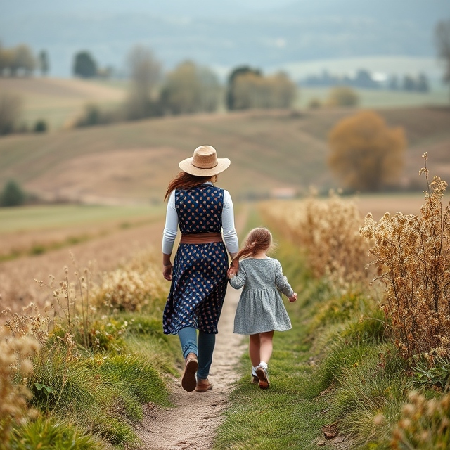 Mother and daughter walking in countryside