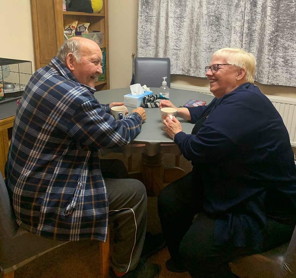 Peter Fulton and Charlotte Smith have a cuppa