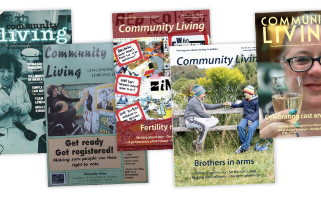 Montage of covers of Community Living over time