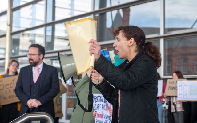 Homes not hospital protest outside the Senedd, 17th April 2024. Natasha Hirst