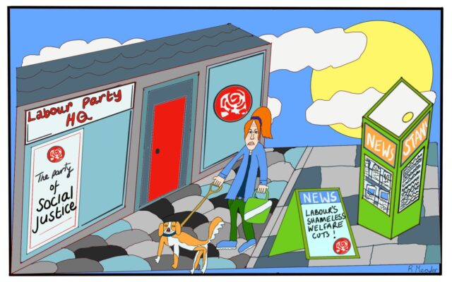Labour Party HQ: [Poster] The party of social justice. [News] Labour's shamless welfare cuts